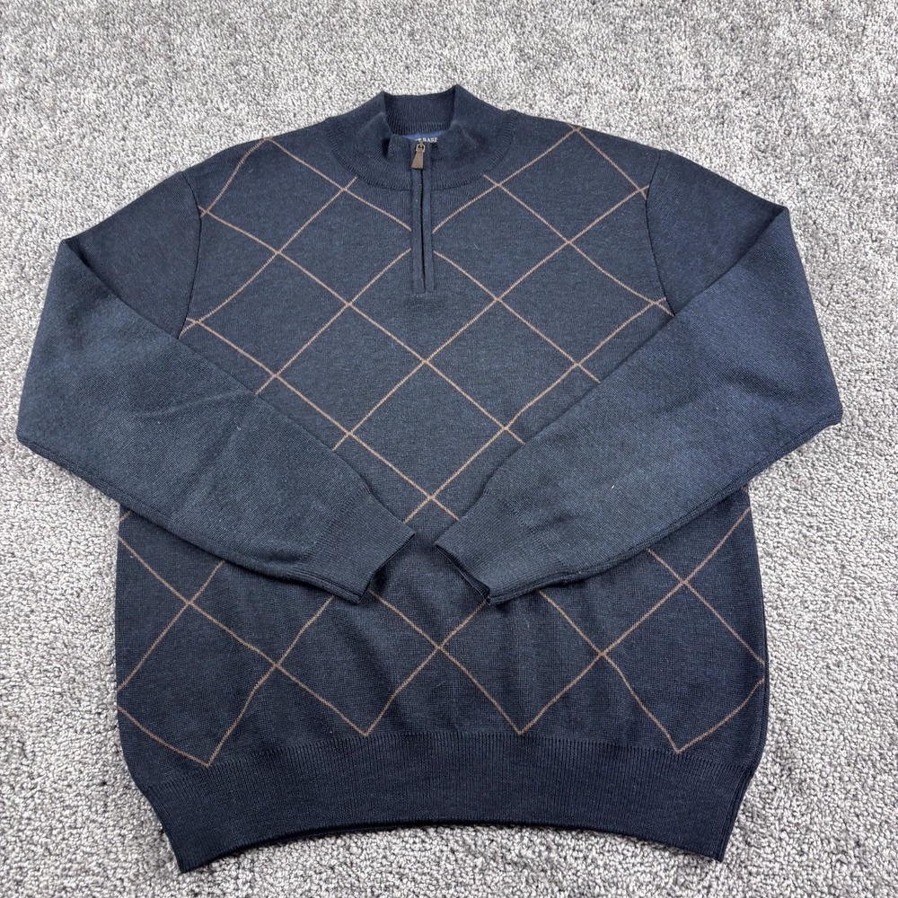 Scott Barber Sweater Men M Dark Blue Argyle 1/4 Zip‎ Pullover Merino Wool Italy
